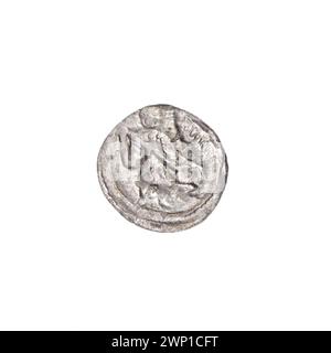 Denario d'argento dell'epoca di Bolesław III Wrymouth, raffigurante elementi romanici come cavalieri, draghi, croci, allegorie e riferimenti a San Wojciech. Foto Stock