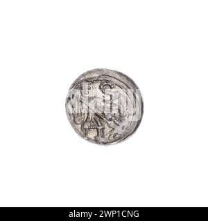 Denario d'argento coniato sotto Bolesław III Krzywousty intorno al 1125-1138, raffigurante l'iconografia cristiana e medievale tra cui St. Wojciech, cavalieri, draghi e croci, in stile romanico con motivi allegorici. Foto Stock