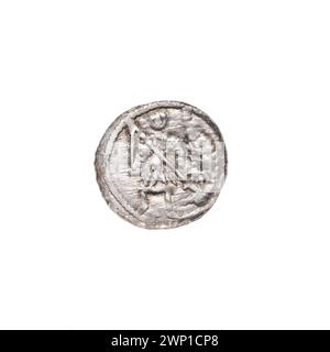 Denario d'argento medievale del regno di Bolesław III Wrymouth, che mostra l'iconografia romanica che include cavalieri, draghi, croci e riferimenti allegorici a San Wojciech. Foto Stock