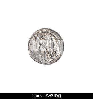Denario d'argento di Bolesław III Krzywousty datato 1125-1138 raffigurante cavalieri, draghi, lance, croci e figure allegoriche. La moneta rappresenta il simbolismo cristiano e medievale ed è nella collezione Stanisław Jastrzębowski. Foto Stock