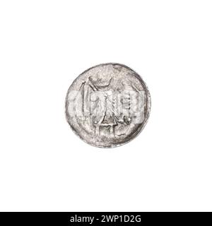 Denario d'argento di Bolesław III Krzywousty (1107-1138) con iconografia comprendente cavalieri, draghi, lance, croci romaniche, scene allegoriche, e simboli di lotta tra il bene e il male, dalla collezione Stanisław Jastrzębowski. Foto Stock