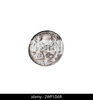 Denario d'argento dal regno di Bolesław III Krzywousty con immagini in stile romanico, cavalieri, draghi, croci e allegorie di bene contro male. Parte della collezione di Andrzej Potocki. Foto Stock