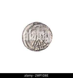 Denario d'argento del regno di Bolesław III Krzywousty, raffigurante cavalieri, draghi, croci, lance, e motivi allegorici in stile romanico. Parte della collezione di Stanisław Jastrzębowski. Foto Stock