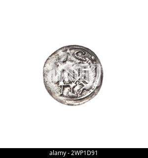 Denario d'argento di Bolesław III Krzywousty, c.1125–1138, con allegorie di Saint Wojciech, posta a catena, croci, cavalieri, draghi, e lance. Illustra l'iconografia romanica e il simbolismo medievale. Parte della collezione Jastrzębowski. Foto Stock