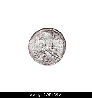 Denario d'argento del principe polacco Bolesław III Krzywousty (1107-1138) con immagini allegoriche e romaniche tra cui cavalieri, draghi, lance e croci, dalla collezione di Stanisław Jastrzębowski. Foto Stock