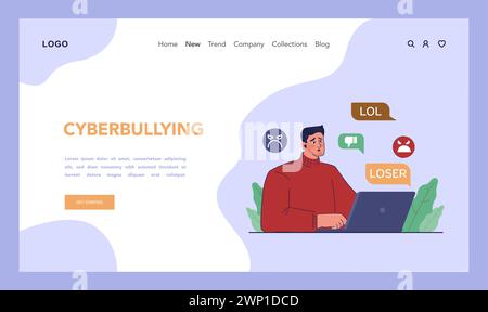 Banner Web o landing page per il cyberbullismo. Molestie online con messaggi scorretti, cattivi e dannosi. Violenza sui social network. Abuso di Internet. Illustrazione vettoriale piatta Illustrazione Vettoriale