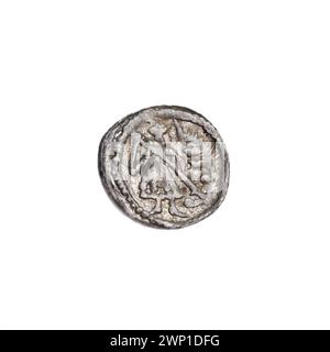 Denario d'argento del regno di Bolesław III Krzywousty, che mostra cavalieri, draghi, croci e disegni allegorici. La moneta illustra lo stile artistico romanico e il simbolismo medievale. Raccolto da Andrzej Potocki. Foto Stock