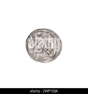 Denario d'argento di Bolesław III Krzywousty che illustra l'iconografia medievale: cavalieri, draghi, croci, lance e allegorie. La moneta riflette lo stile romanico. Parte della collezione di Stanisław Jastrzębowski. Foto Stock