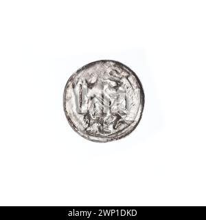 Denario d'argento di Bolesław III Krzywousty (c.1125-1138) con cavalieri, draghi, croci, posta a catena, lance, e allegorie romaniche, conservate nella collezione di Stanisław Jastrzębowski. Foto Stock