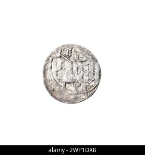 Denario d'argento dal regno di Bolesław III Krzywousty che mostra allegorie, cavalieri, draghi, croci, lance in stile romanico, e riferimenti alle leggi medievali e ai martiri. Parte della collezione di Stanisław Jastrzębowski. Foto Stock