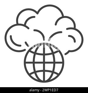 Globo terrestre con icona o simbolo del concetto di vettore di esplosione della nuvola di funghi in stile contorno Illustrazione Vettoriale