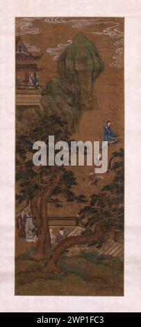 Dipinto cinese "Meeting of Immortals" di Qiu Ying, XVI secolo, rotolo verticale, raffigurante figure e paesaggi, parte della collezione di Jerzy Knothe con provenienza. Foto Stock