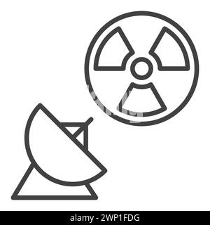 Icona antenna parabolica e linea di segnale radiazioni - elemento logo lineare concetto di armi nucleari basate sullo spazio vettoriale Illustrazione Vettoriale