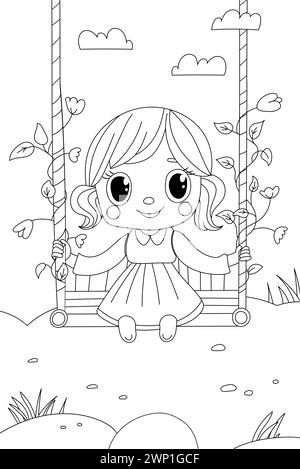 Pagina da colorare per la creatività dei bambini Features Girl on Swing in Coloring Book Illustrazione Vettoriale