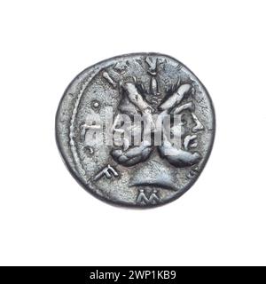 Denario; Furio Philus, M. (FL. 119 A.C.); 119 B.C.E. (-119-00-00--119-00-00); Giano (Mitol.), Roma (Mitol.), Roma che incorona il trofeo (iconogr.), Band, Crynyx, Dar (provenienza), la testa di Giano (iconogr.), casco Corinto, caschi, scudi, trofei, corone Foto Stock