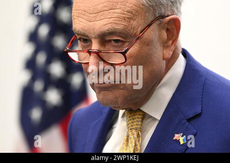 Leopoli, Ucraina - 23 febbraio 2024: Chuck Schumer, leader della maggioranza del Senato DEGLI STATI UNITI, durante una conferenza stampa a Leopoli, Ucraina. Foto Stock