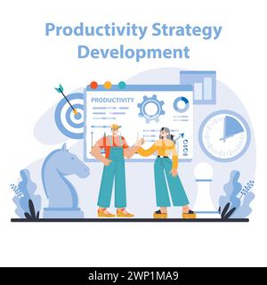 Concetto di sviluppo della strategia di produttività. Creazione di approcci dinamici per migliorare l'efficienza. Collaborazione e innovazione in ambienti professionali. Illustrazione vettoriale piatta. Illustrazione Vettoriale