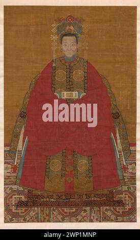 Tra la fine del XVIII e l'inizio del XIX secolo, pittura a scorrimento verticale cinese raffigurante un dignitario della dinastia Qing in abbigliamento formale, reso in tradizionale stile ritratto cinese. Foto Stock