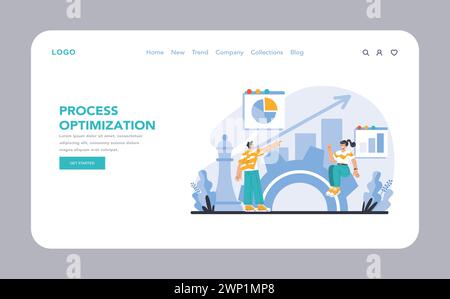 Web o pagina di destinazione per l'ottimizzazione dei processi. Operazioni di raffinazione per la massima efficienza. Uso strategico dell'analisi e della progettazione del flusso di lavoro. Illustrazione vettoriale piatta. Illustrazione Vettoriale