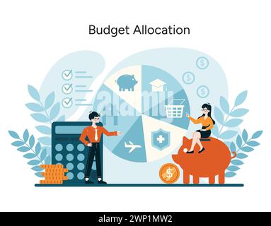 Concetto di allocazione del budget. Distribuzione efficiente delle risorse finanziarie, garantendo una salute fiscale ottimale. I finanziamenti strategici in vari settori hanno dimostrato. Illustrazione vettoriale piatta Illustrazione Vettoriale