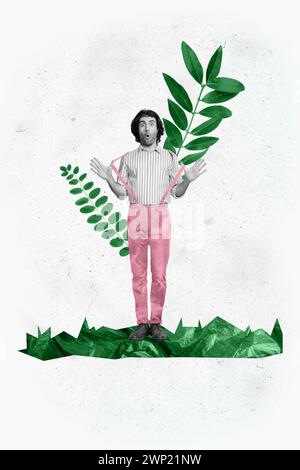 Immagine collage verticale di colori bianco e nero con le mani del ragazzo che tirano le bretelle grandi foglie verdi di piante isolate su sfondo creativo Foto Stock