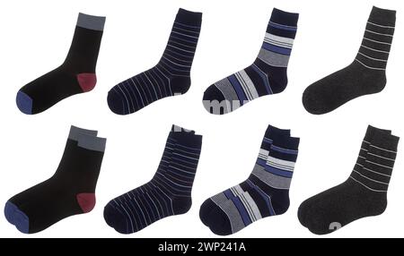 Collezione di calze da uomo con fantasie classiche e tinte unita con dettagli a contrasto sul tallone e sulla punta visualizzati su sfondo bianco Foto Stock