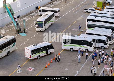 Cartagena, Bolivar, Colombia - 24 gennaio 2024: Passeggeri delle navi da crociera in attesa di salire a bordo di autobus e pullman per effettuare escursioni. Foto Stock