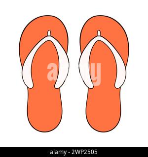 Un paio di infradito arancione in stile cartoni animati. Pantofole per l'estate, scarpe di design per uomo e donna. Illustrazione vettoriale isolata su sfondo bianco. Illustrazione Vettoriale