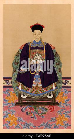 Pittura a scorrimento verticale cinese dal XIX all'inizio del XX secolo che raffigura un dignitario di alto rango in abbigliamento cerimoniale, eseguito in tradizionale stile ritratto. Foto Stock