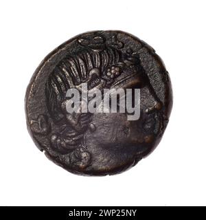 Moneta marrone di Pantikapaion, fine II-i secolo a.C., che mostra la testa di Dioniso, archi, gorytos e armamento militare; raccolto da Ignacy Terlecki con provenienza registrata. Foto Stock