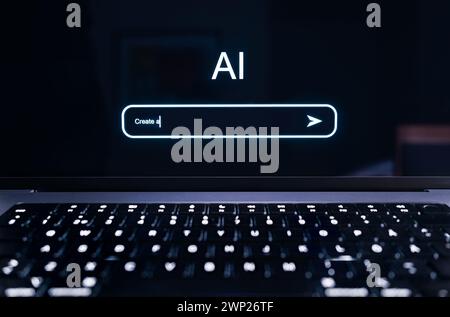 Prompt AI nella schermata chat. Intelligenza artificiale in chatbot generativi. Comando per generare testo o immagini con una nuova tecnologia. Tecnologia robotica digitale. Foto Stock