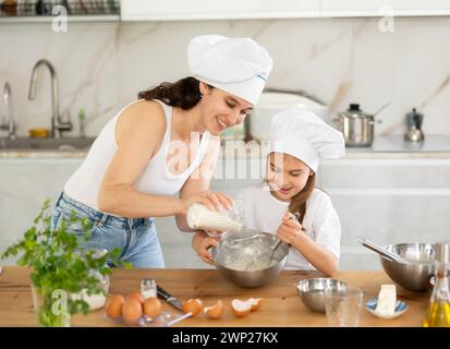 La mamma setaccia e aggiunge la farina al recipiente, la ragazza mescola gli ingredienti con la frusta. Foto Stock