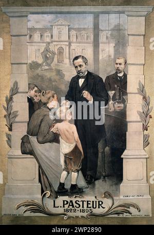 Louis Pasteur (1822-1895), chimico e biologo francese, che vaccina un bambino. Poster dei primi anni del XX secolo Foto Stock