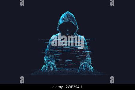 Hacker digitale astratto. Concetto di sicurezza informatica. Un uomo che indossa una felpa con cappuccio Illustrazione Vettoriale