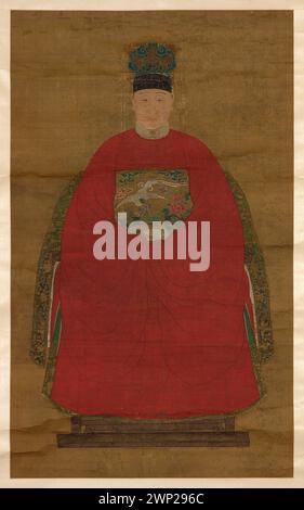 Un ritratto a scorrimento verticale del XVII secolo raffigurante una donna ufficiale cinese, che mette in evidenza l'abbigliamento tradizionale, le tecniche di pittura e la rappresentazione burocratica cinese. Foto Stock