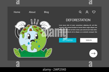 Banner Web o landing page sui cambiamenti climatici in modalità buia o notturna. Deforestazione. Tagliare la foresta, distruggere i boschi. Pericolo per l'ecologia e l'inquinamento atmosferico. Illustrazione vettoriale piatta Illustrazione Vettoriale