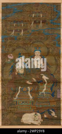 Un dipinto a pergamena cinese raffigurante due bodhisattva, associato alla tradizione buddista, datato al XVIII-XIX secolo, conservato nella collezione Jerzy Knothe. Foto Stock