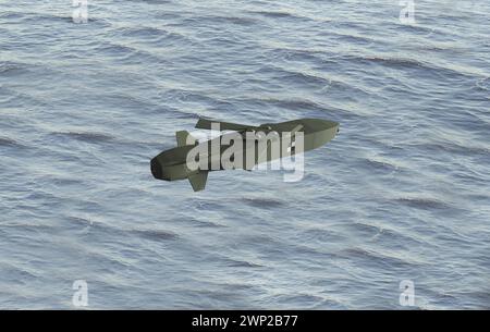 Il missile da crociera Taurus vola sul mare, modello 3D a basso contenuto di poli. Il Taurus Cruise Missile vola sul mare. Modello semplice in polietilene basso, immagine simbolo. Missile terra-aria, equipaggiamento militare, volo autonomo, volo a bassa quota. 3D Concept Military M001s04 taurus Cruise missile Foto Stock