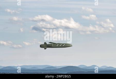 Taurus Cruise Missile sul cielo, modello 3D in polietilene basso. Taurus Cruise Missile in cielo. Modello semplice in polietilene basso, immagine simbolo. Missile terra-aria, equipaggiamento militare, volo autonomo, volo a bassa quota. 3D Concept Military M001s02 taurus cruise missile Foto Stock