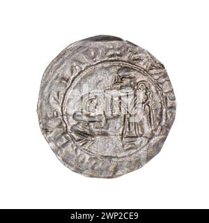 Brakteat; Boles Aw III Krzywousty (KSI polacco; 1107-1138); 1135-1138 (1135-00-00-1138-00-00); Bolesław III Krzywousty (Principe di Polonia - 1086-1138), Bolesław III Krzywousty (Principe di Polonia - 1086-1138) - iconografia, Wojciech (Saint - ca. 956-997), vescovo (iconogr.), vescovi, gesto di cura (iconogr .), klęczący książę (ikonogr.), męczennicy, pastorał, pastorał (ikonogr.), romański (stilo), szata liturgiczna (ikonogr.), szaty liturgiczne, średniowiecze (epoka) Foto Stock