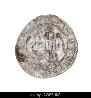 Brakteat; Boles Aw III Krzywousty (KSI polacco; 1107-1138); 1135-1138 (1135-00-00-1138-00-00); Bolesław III Krzywousty (Principe di Polonia - 1086-1138), Bolesław III Krzywousty (Principe di Polonia - 1086-1138) - iconografia, Wojciech (Saint - ca. 956-997), vescovo (iconogr.), vescovi, gesto di cura (iconogr .), klęczący książę (ikonogr.), męczennicy, pastorał, pastorał (ikonogr.), romański (stilo), szata liturgiczna (ikonogr.), szaty liturgiczne, średniowiecze (epoka) Foto Stock