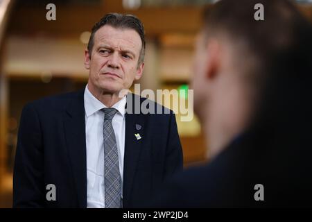 Bruxelles, Belgio. 5 marzo 2024. Dichiarazione stampa di Paul VAN TIGCHELT, ministro della giustizia a Bruxelles, Belgio, il 5 marzo 2023. Crediti: ALEXANDROS MICHAILIDIS/Alamy Live News Foto Stock