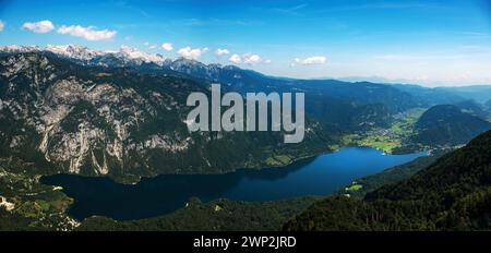 Lago di Bohinj in estate, famosa destinazione di viaggio nel parco nazionale del Triglav in Slovenia, vista aerea dall'alto angolo Foto Stock