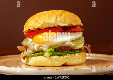 Hamburger gourmet con uova fritte e pancetta, pronto da gustare. Foto Stock