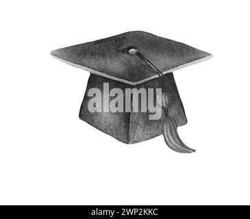 Tappo graduato in acquerello con corona floreale. Cappello di graduazione Foto Stock