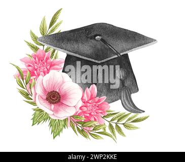 Tappo graduato in acquerello con corona floreale. Cappello di graduazione Foto Stock