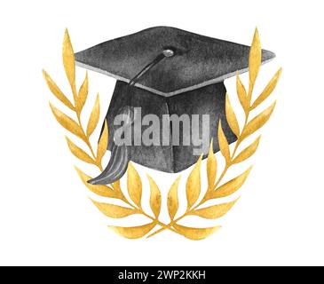 Tappo graduato in acquerello con corona in alloro. Cappello di graduazione Foto Stock