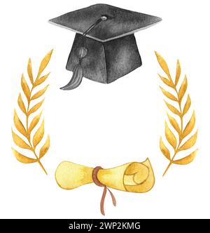 Tappo graduato in acquerello con corona in alloro. Cappello di graduazione Foto Stock