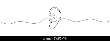 Orecchio umano: Una linea, linea continua. Contorno lineare dell'orecchio, silhouette. illustratore vettoriale. Illustrazione Vettoriale