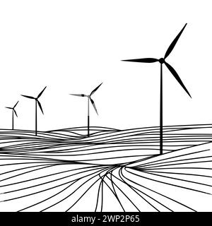 Disegno continuo di una linea di turbine eoliche eco Energy. semplici turbine eoliche illustrano i vettori Illustrazione Vettoriale